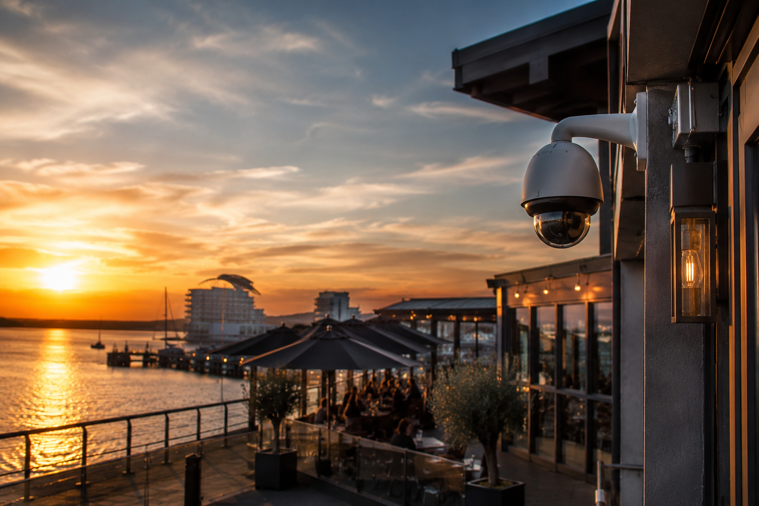 Waterfront venue at sunset