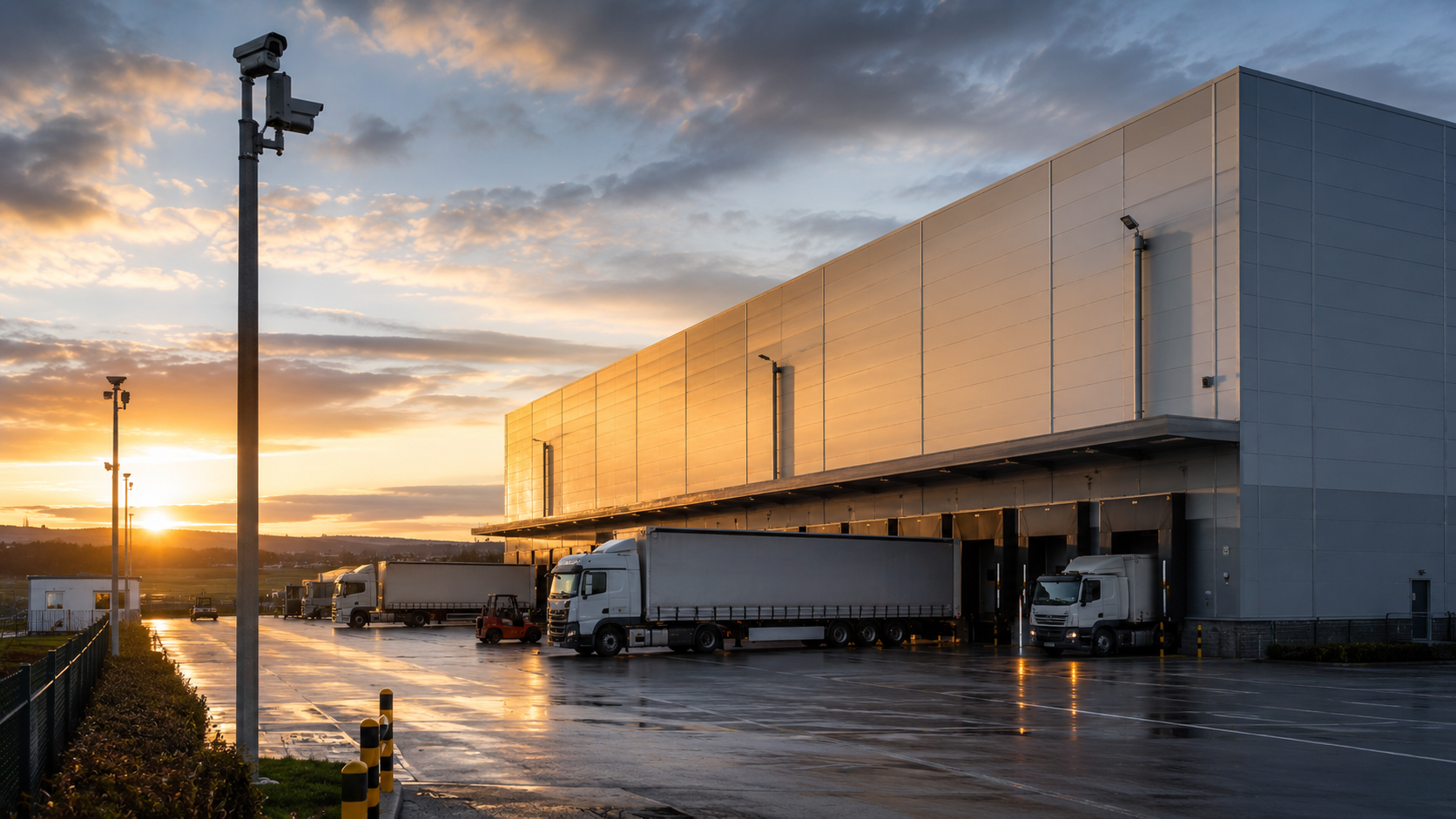 Logistics warehouse at sunset